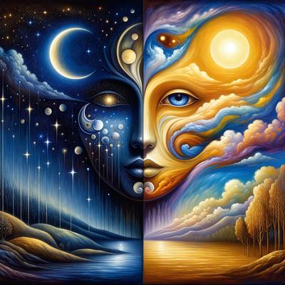 The primary subject of the image is a painting of a face, which is depicted in two different styles. One style is a more traditional, realistic representation of a face, while the other style is a more abstract, surrealistic interpretation of the same face. The setting of the image is a night sky, with a moon visible in the background. The visual style of the painting is a combination of digital art and traditional painting techniques. The dominant colors in the painting are blue and orange, creating a sense of contrast and depth. The overall